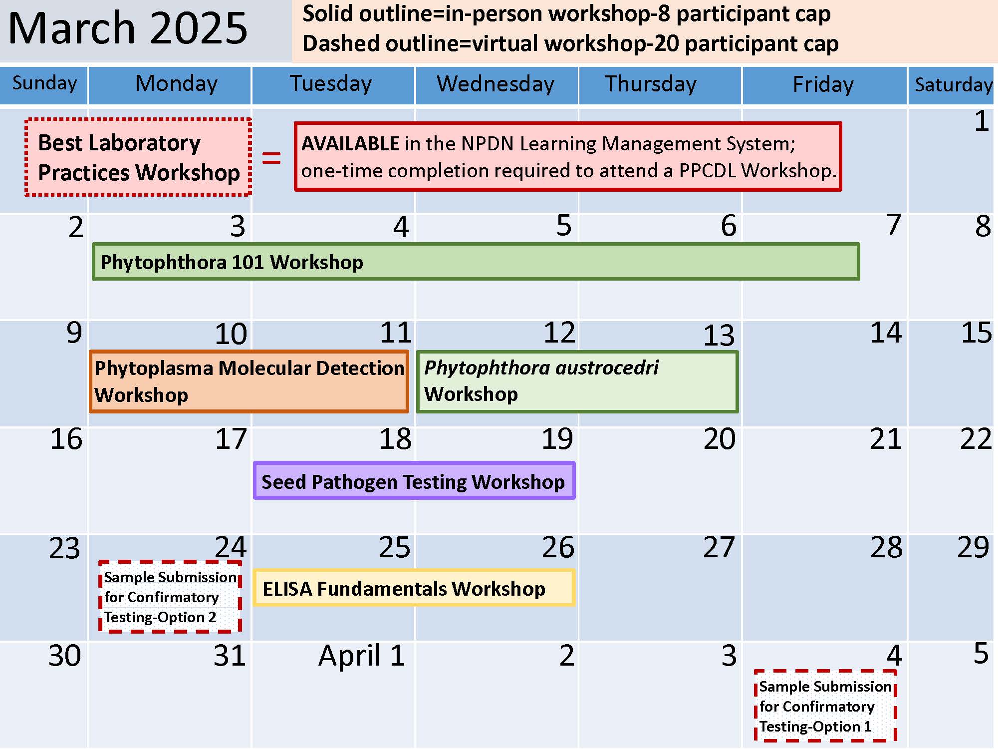 calendar for March 2025 outlining time for PPCDL workshops