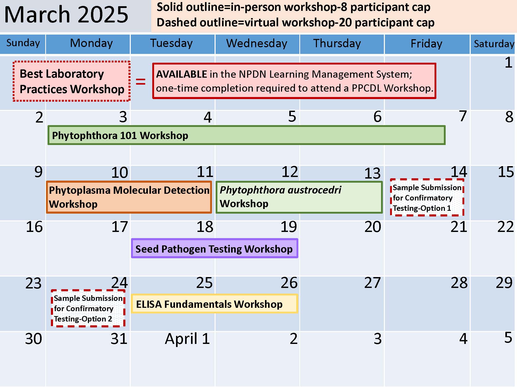 calendar for March 2025 outlining time for PPCDL workshops